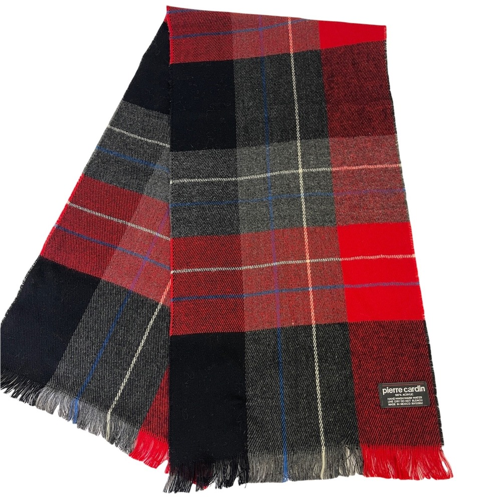 Vtg Pierre Cardin Tartan Red Plaid Scarf  Acrylic Soft 12 x 50" Rectangle Unisex
